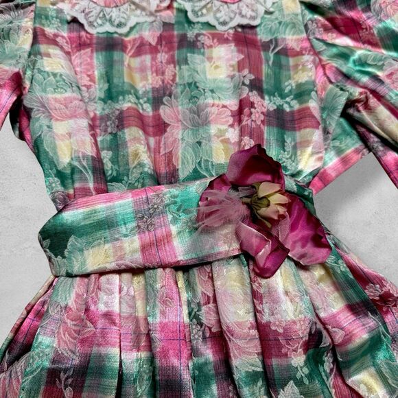 Vintage Storybook Heirlooms Girls Dress 8 Plaid Lace Metallic Brocade Victorian - Picture 6 of 14